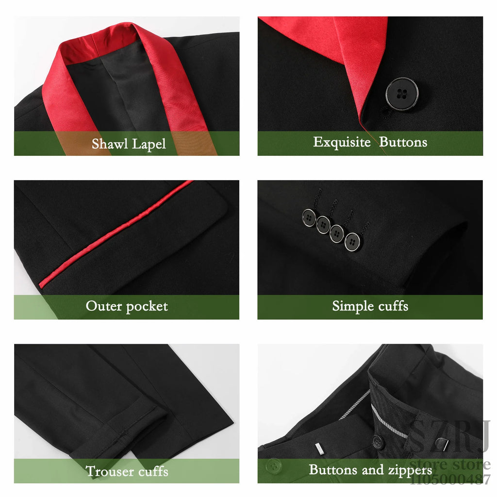 Men'S 4pcs Tuxedo Suit: Jacket, Vest, Dress Pants &Pocket Square