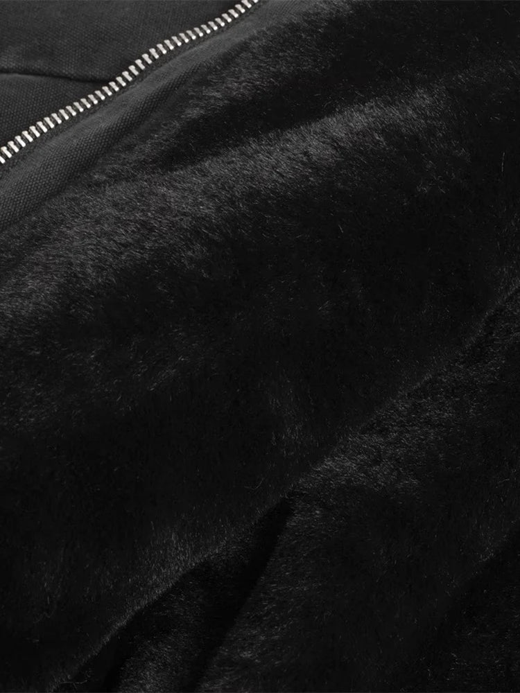 Autumn Winter Short Thickened Warm Oversized Canvas Washed Padded Jacket with Faux Fur Inside Loose Casual Hoodie