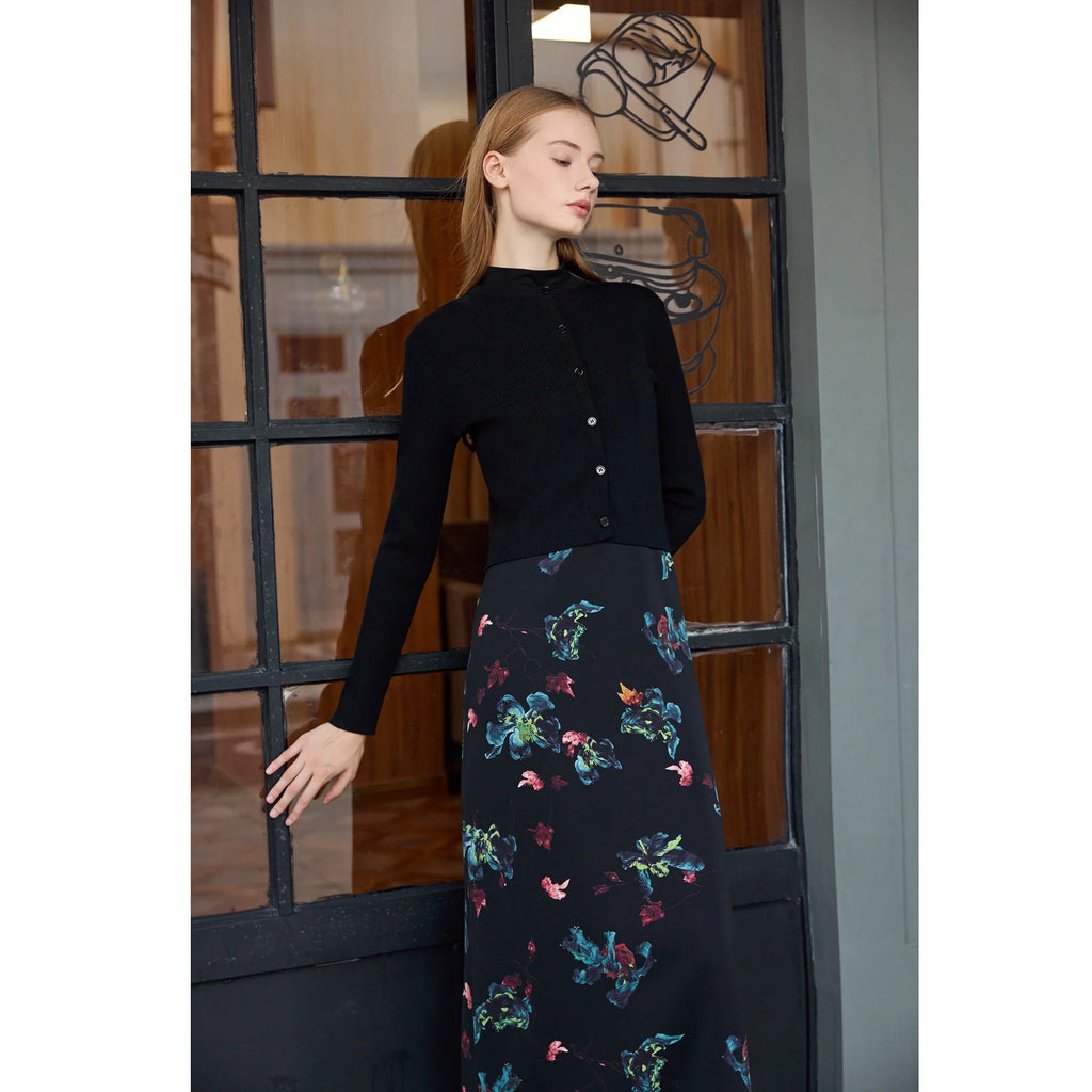 Women 2026 Autumn and Winter New Printing Satin Dress Knitting Cardigan Mock Neck Modal Shirt