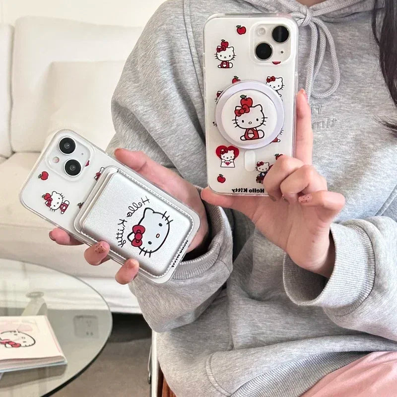 Cute Sanrio Hello Kitty Magnetic Card Wallet Holder Magsafe Wireless Charge Phone Case For iPhone 17 16 15 14 13 Pro Max Cover