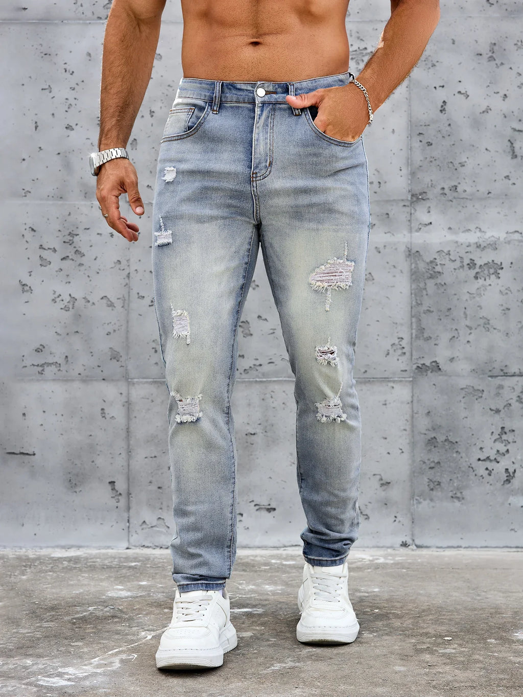 Men's Casual Slim Fit Stretch Jeans-Ripped Blue Denim Trousers Spring and Summer Pants Elastane Fabric