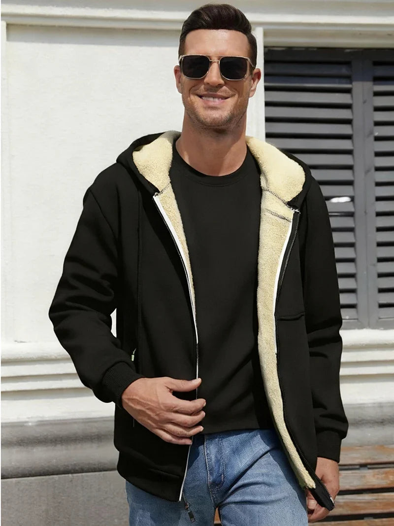Men's Winter Warm Sherpa Plush Lined Jacket Casual Zip Up Hooded Coat with Zipper Pockets Male Fleece Outerwear Outfits Tops