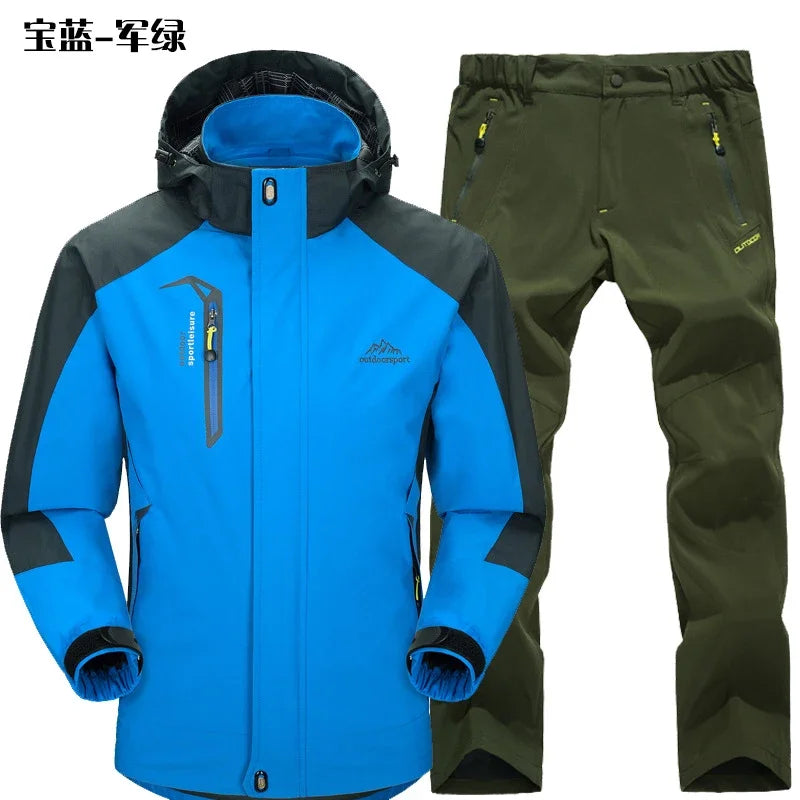 Outdoor Jacket Pants Sets Men Fleece Thermal Waterproof Windproof Hooded Jackets Hiking Military Trip Mountain Camping Clothes