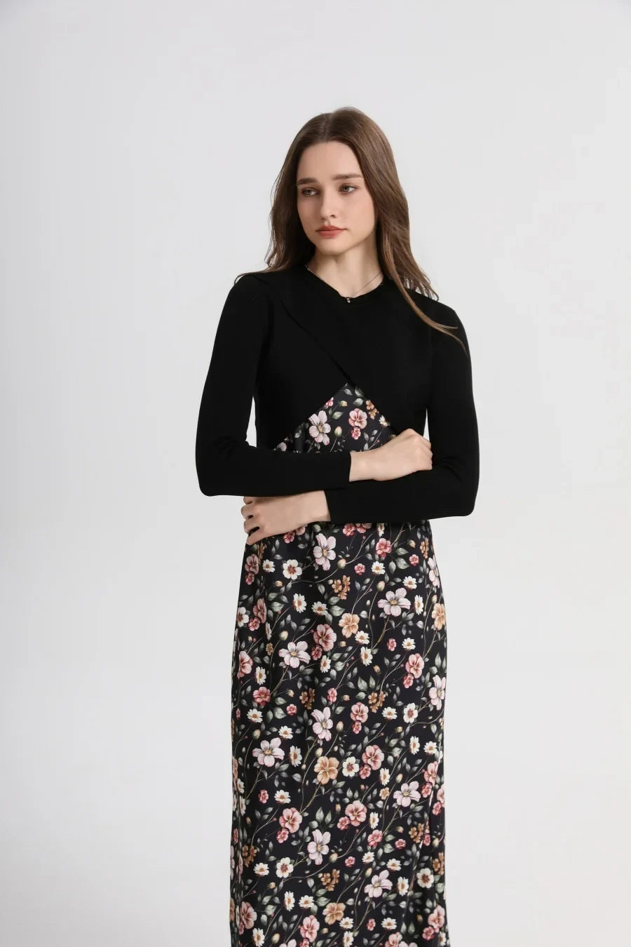 2025 spring summer elegance satin dress + knitted top match set maxi floor length woman clothes
