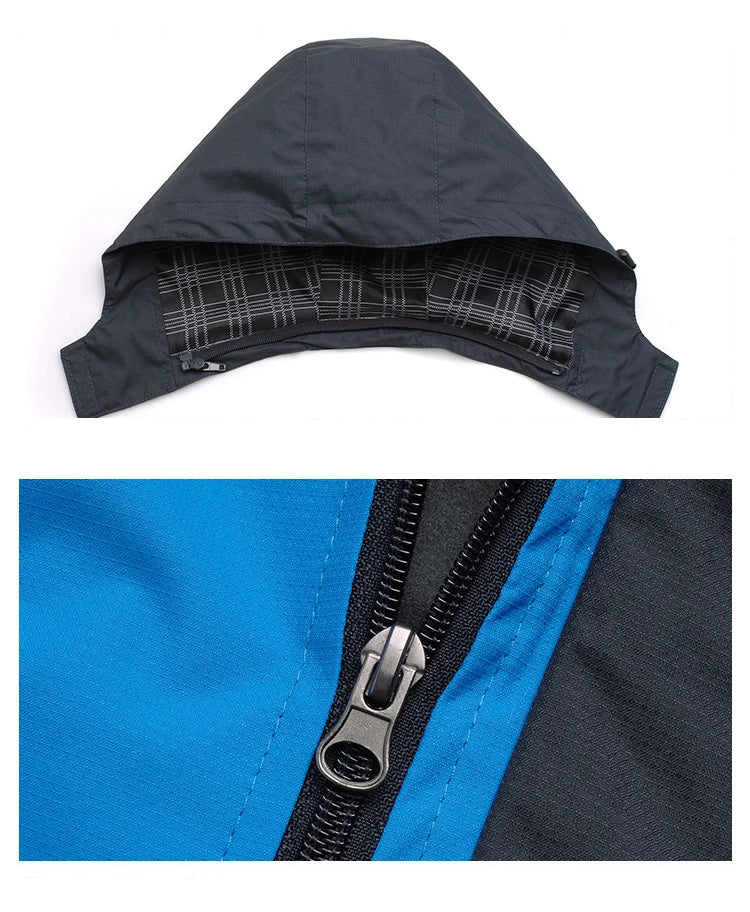 Men's Autumn Hiking Jacket Hooded Removable Waterproof Lightweight Rain Coat Trekking Outdoor Camping Casual Sportswear