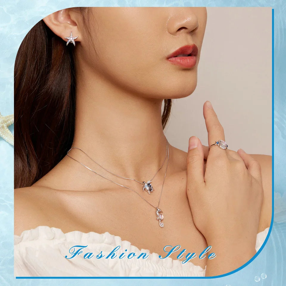 925 Sterling Silver Blue Spinel Sea Turtle Pendant Necklace Pave Setting CZ for Women Valentine's Day Gift