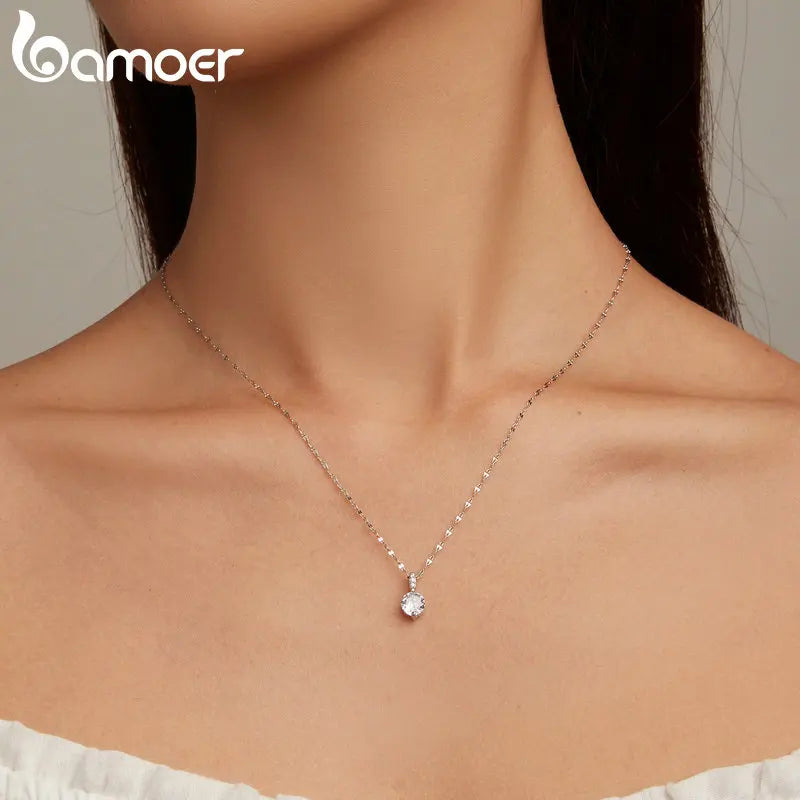 925 Sterling Silver Simple Clear Zircon Pendant Necklace for Women Wedding Engagement Anniversary Fine Jewelry BSN273