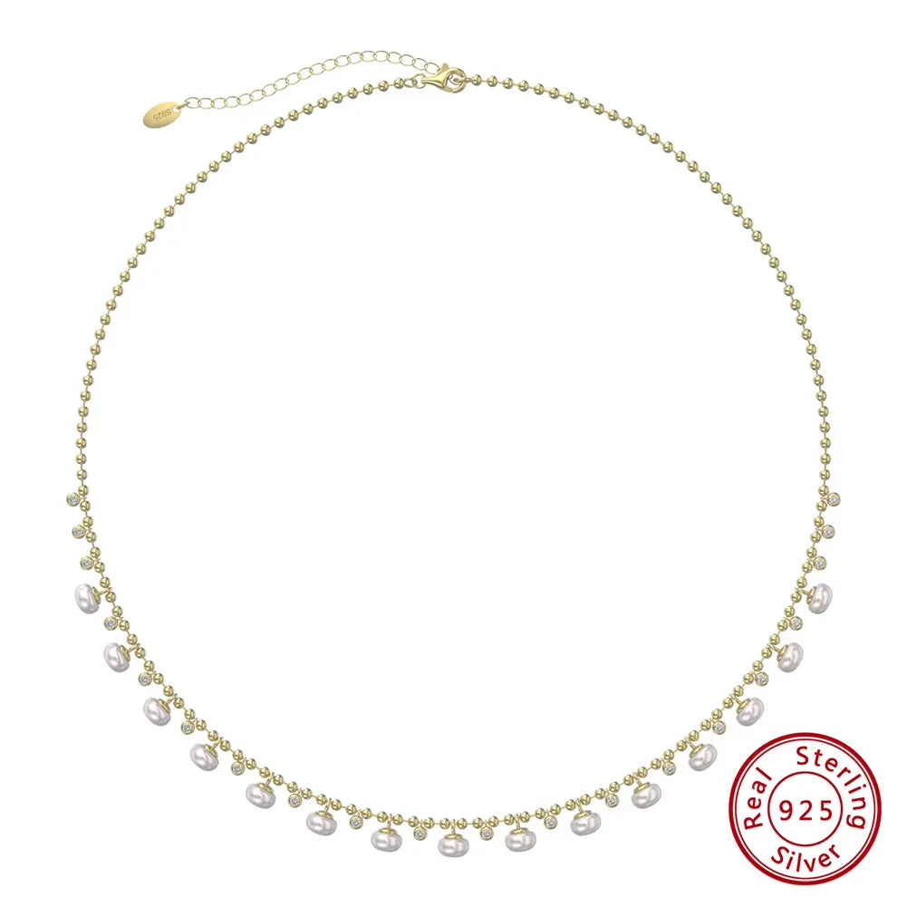 Unique 925 Sterling Silver Ball Bead Necklace with Natural Pearls Vintage Choker Neck Chain for Women Jewelry GPN37