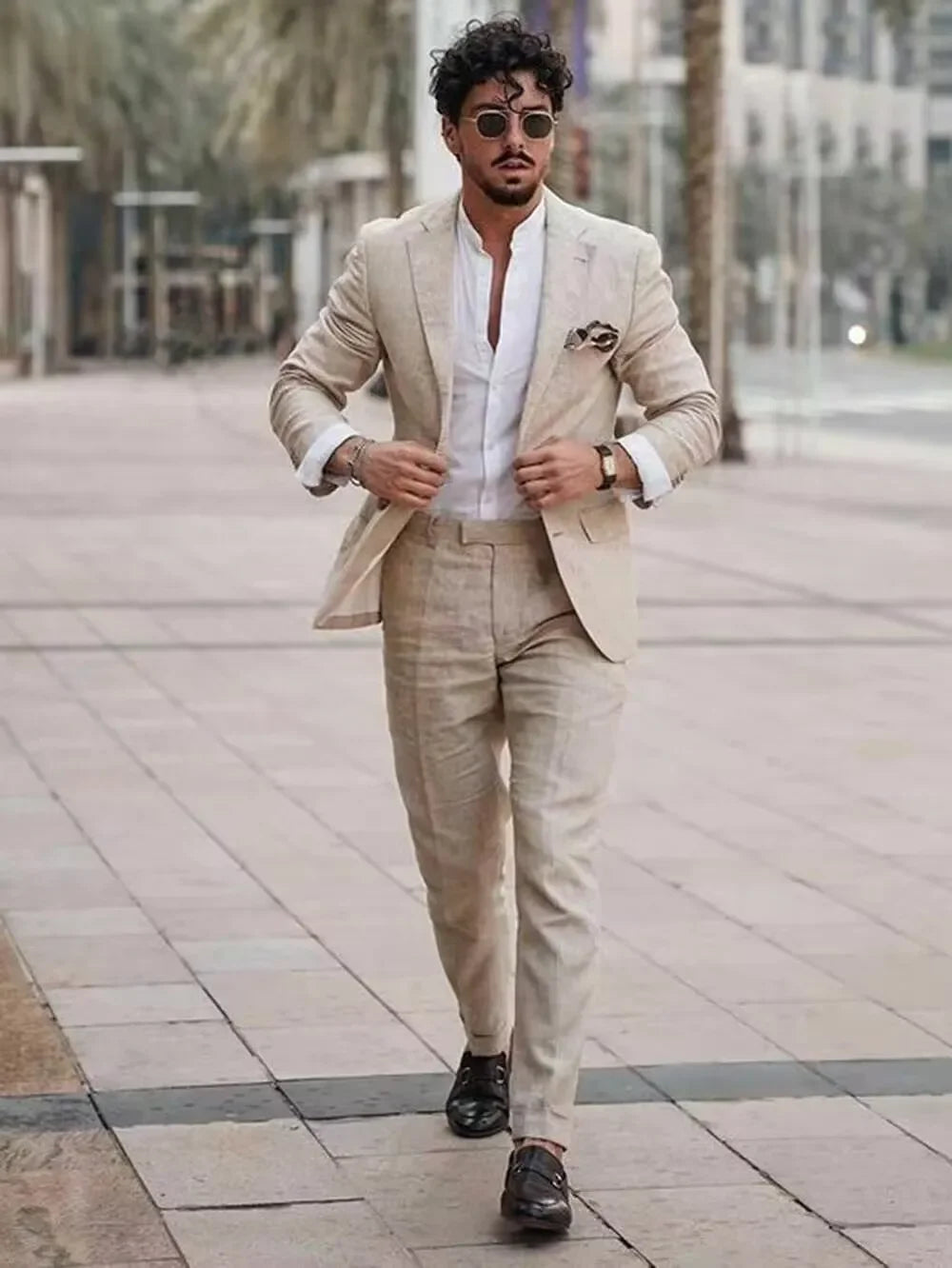 2 Piece Casual Beige Linen Men Suits Single Breasted Slim Fit Notch Lapel Blazer with Pants High Quality Wedding Costume Homme