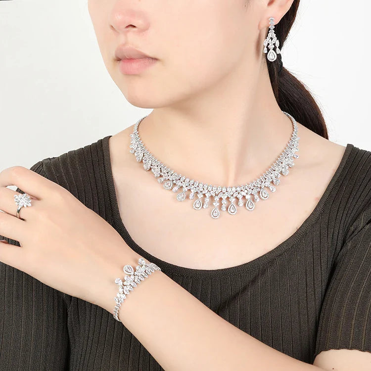 Jewelry Set New Retro Simple Ladies Engagement Wedding Necklace Bracelet Ring Earrings Zircon Set BN8050 Bijoux Mariage