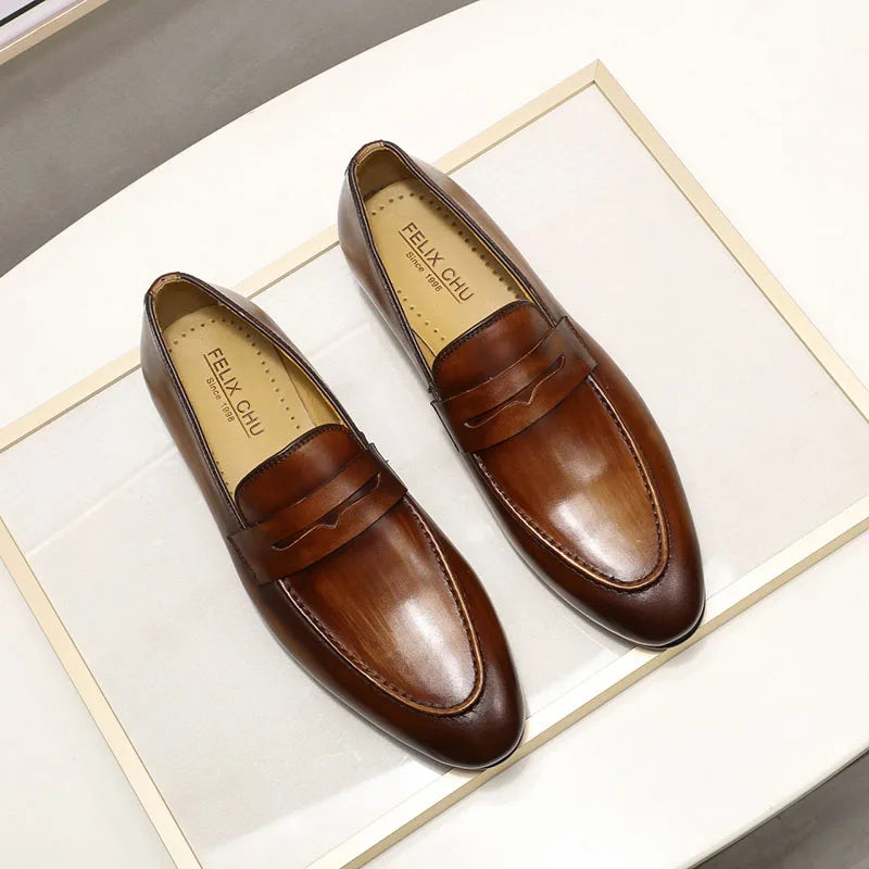 FELIX CHU Mens Penny Loafers Leather Shoes Genuine Leather Elegant Wedding Party Casual Dress Shoes Brown Black Shoes for Men