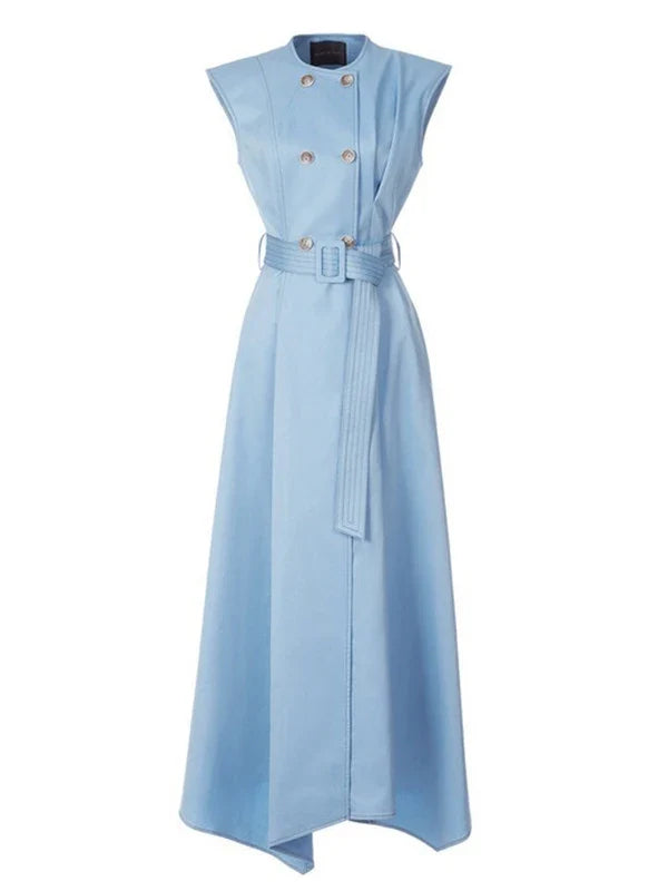 Summer 2025 Women's Elegant Sleeveless Cotton-Blended Dress Double Button High Waist A-Line Office Dresses with Belt