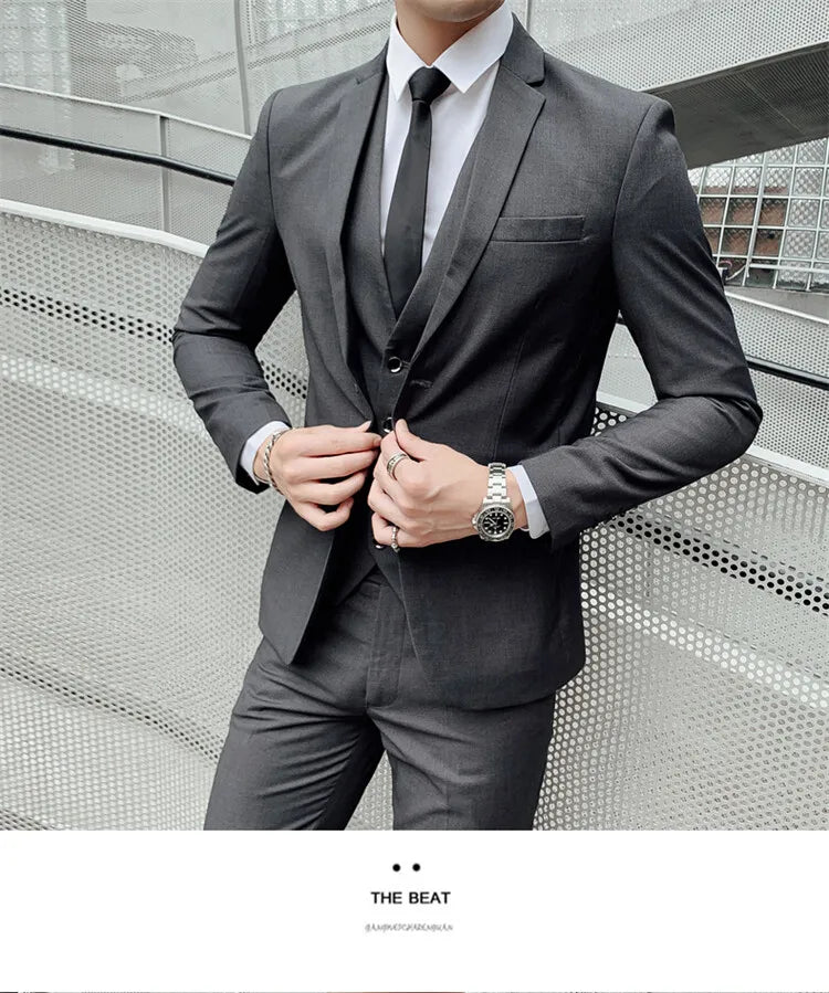 Solid Color Suit Men's Fashionable Gentleman Business Banquet Korean-style Formal Dress Casual Wedding (Blazer+Vest+Trousers)