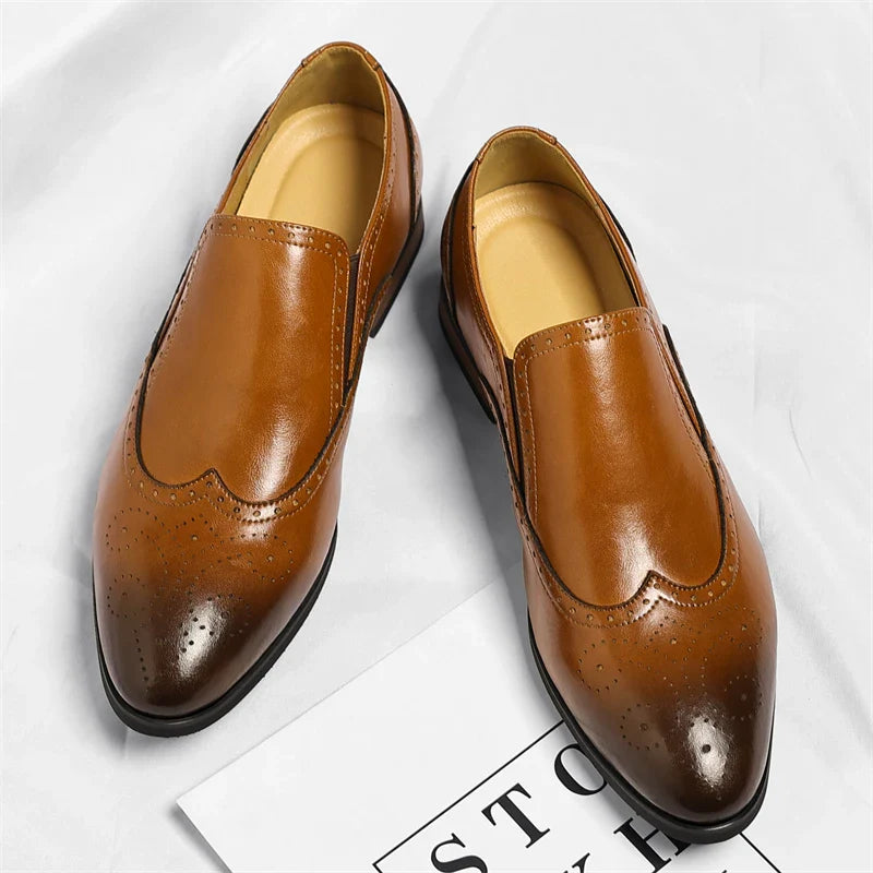 Men's Genuine Leather Brogue Loafers Dress Shoes with Wingtip Perforations Comfortable Business Casual Oxfords Office & Weddings