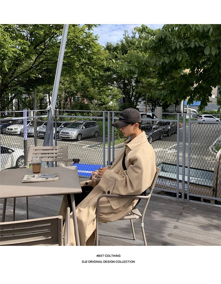 Spring Autumn Long Oversized Black Khaki Trench Coat Men Raglan Sleeve Single Breasted Loose Casual Korean Fashion
