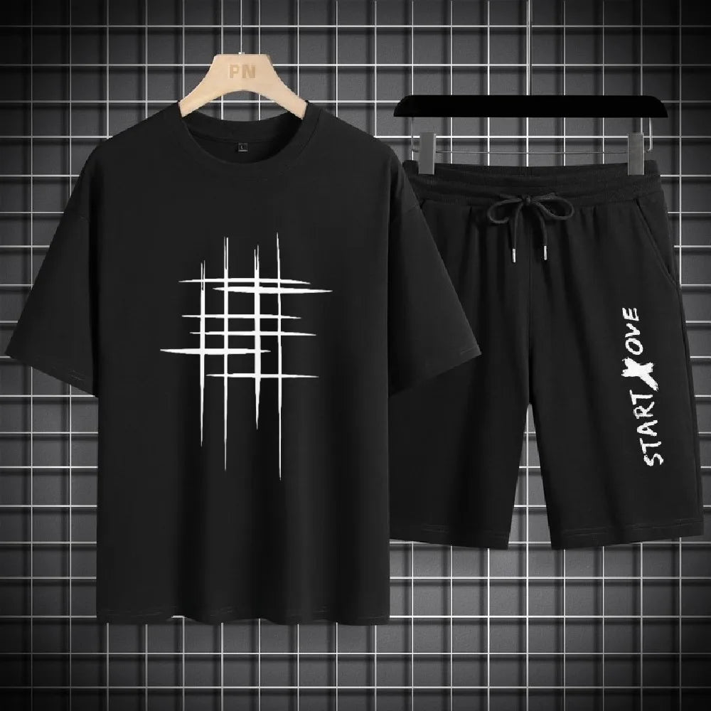 2025 Summer Outdoor Sports Suit Men's Short-sleeved Shorts Casual Fashion Two-piece Set Breathable Quick-drying Fitness Clothes