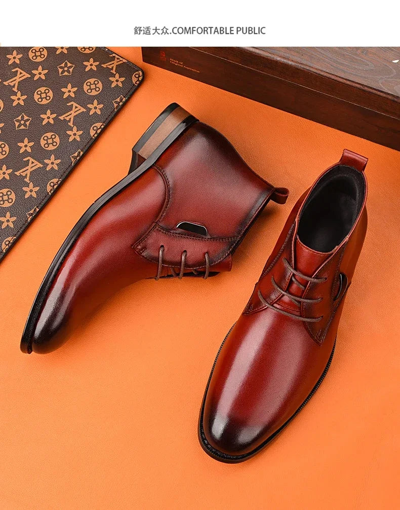 Men Flat/6CM Bussiness Elevator Shoes Genuine Leather Boots Autumn Winter Warm Ankle Boots for Men Botas Hombre Plus Size 37-47