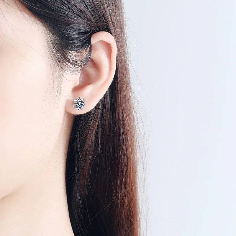 Moissanite Stud Earrings 1CT 2CT White Gold Plated Sterling Silver D VVS1 Lab Diamond Snowflake Ear Studs For Women