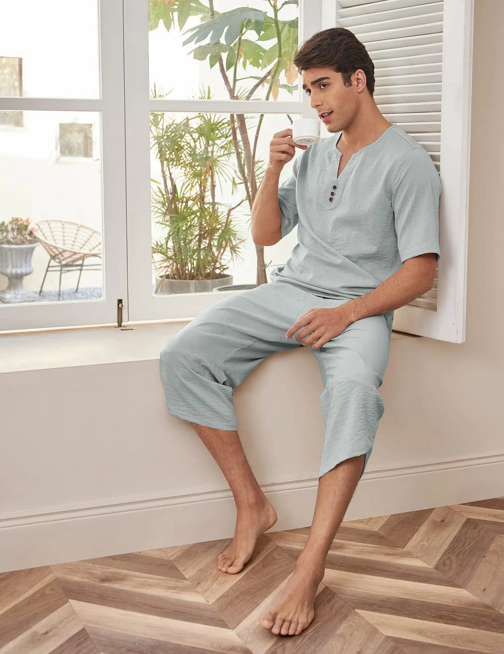 Summer Cotton Linen Shirt Set Men's Casual Outdoor 2-Piece Suit Andhome Clothes Pajamas Comfy Breathable Beach Short Sleeve Sets