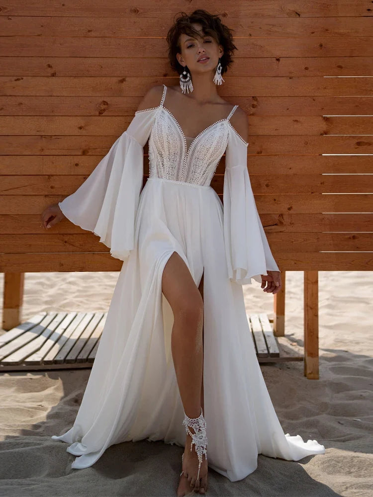 Puffy Long Sleeve Boho Wedding Dress 2025 Robe Mariee Sexy Bridal Beach Summer Wedding Dresses Side Split Customized